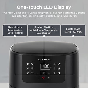 One-Touch LED Display der Heißluftfritteuse XL 5L mit Sichtfenster für einfache Temperatureinstellung.