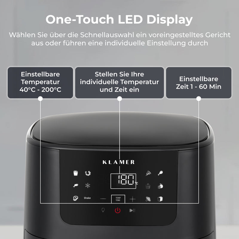 One-Touch LED Display der Heißluftfritteuse XL 5L mit Sichtfenster für einfache Temperatureinstellung.