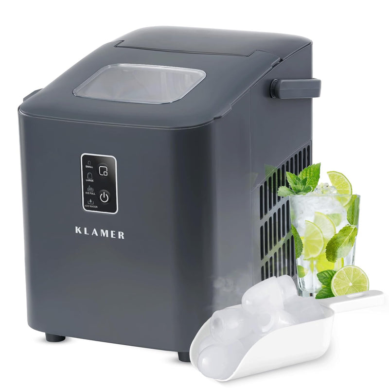 Eiswürfelmaschine Kompakt von Klamer mit frischen Eiswürfeln und Getränken, effiziente Produktionstechnik.