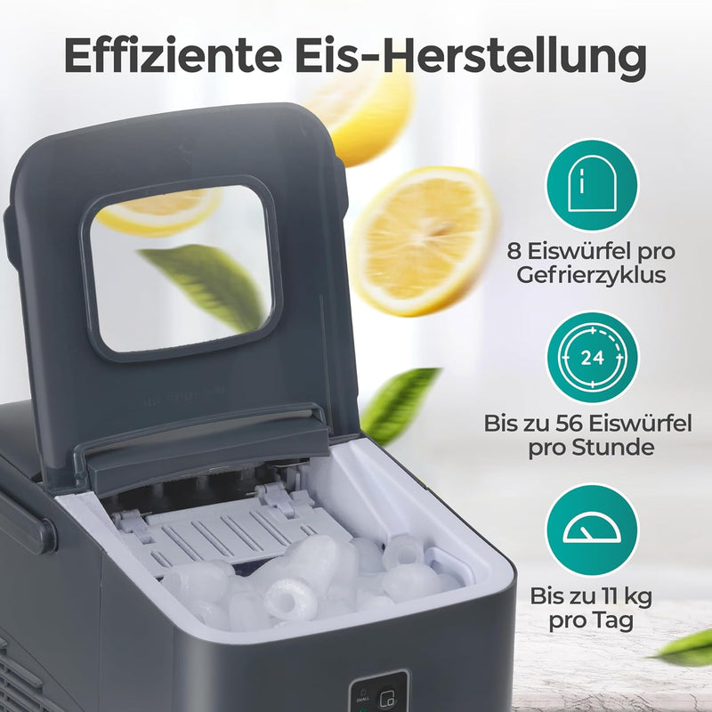 Eiswürfelmaschine Kompakt mit 8 Eiswürfeln pro Zyklus und bis zu 56 Eiswürfeln pro Stunde für frisches Eis.
