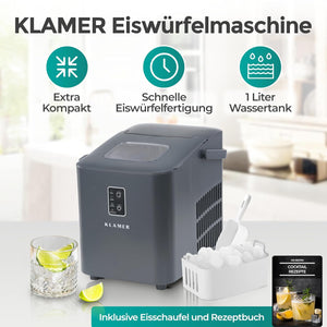 Eiswürfelmaschine Kompakt von KLAMER, effizient mit 1L Wassertank, produziert bis zu 56 Eiswürfel pro Stunde.