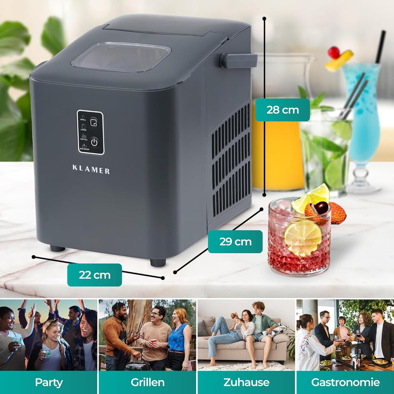 Eiswürfelmaschine Kompakt von Klamer, effiziente Eisproduktion für Party, Grillen und Zuhause.