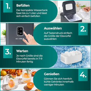 Eiswürfelmaschine Kompakt: Schritte zur Nutzung - Befüllen, Auswählen, Warten, Genießen.
