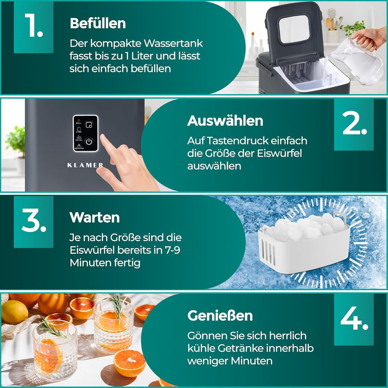 Eiswürfelmaschine Kompakt: Schritte zur Nutzung - Befüllen, Auswählen, Warten, Genießen.