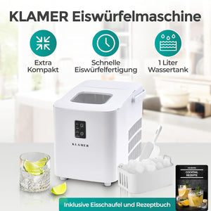 Eiswürfelmaschine Kompakt von KLAMER mit 1L Wassertank und schneller Eiswürfelherstellung.