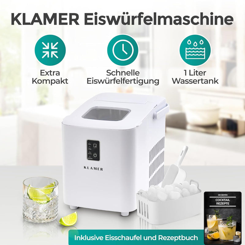 Eiswürfelmaschine Kompakt von KLAMER mit 1L Wassertank und schneller Eiswürfelherstellung.
