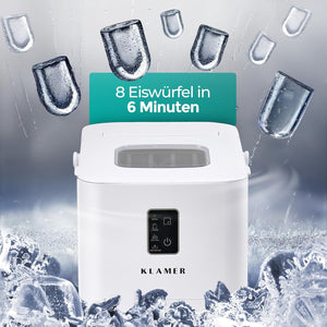 Eiswürfelmaschine Kompakt mit der Fähigkeit, 8 Eiswürfel in 6 Minuten zu produzieren.