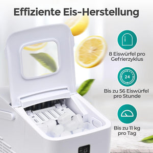 Eiswürfelmaschine Kompakt mit effizienter Eis-Herstellung, 56 Eiswürfel pro Stunde und 11 kg Eis pro Tag.
