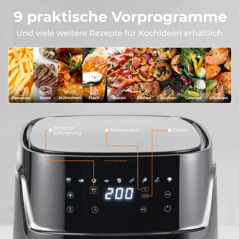 KLAMER KLAMER Heißluftfritteuse XXL 7,2L, 1650W, 9 Kochprogramme Airfryer Silber – Bild 2