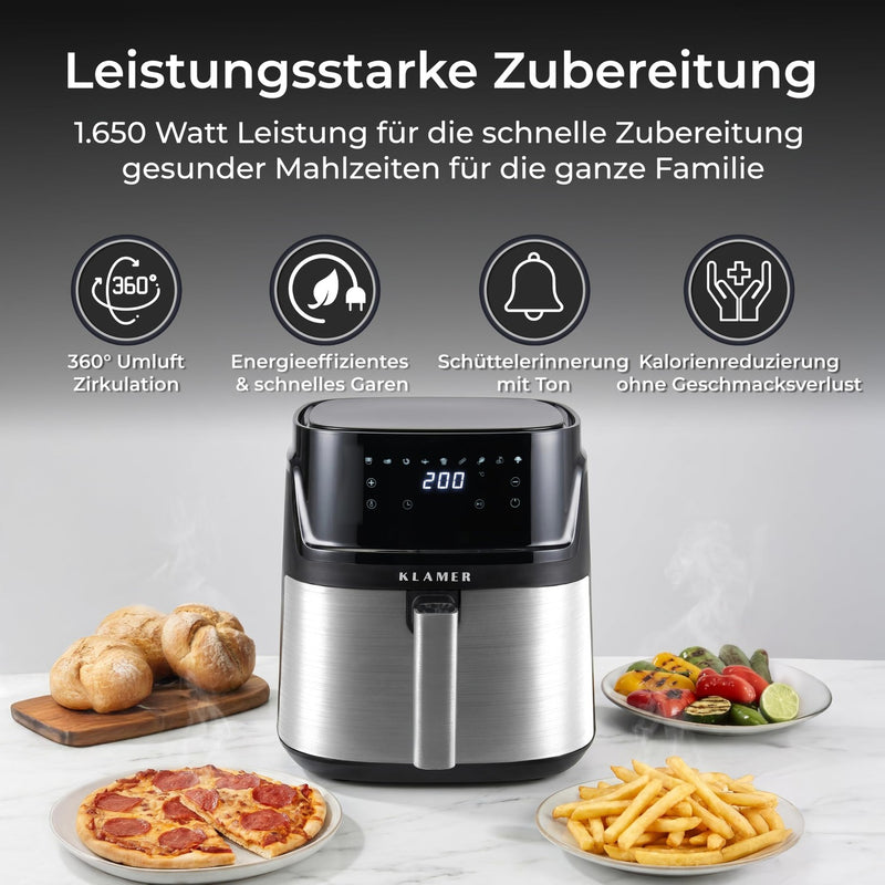 KLAMER KLAMER Heißluftfritteuse XXL 7,2L, 1650W, 9 Kochprogramme Airfryer Silber – Bild 3