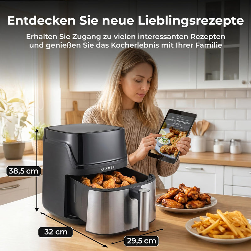 KLAMER KLAMER Heißluftfritteuse XXL 7,2L, 1650W, 9 Kochprogramme Airfryer Silber – Bild 5