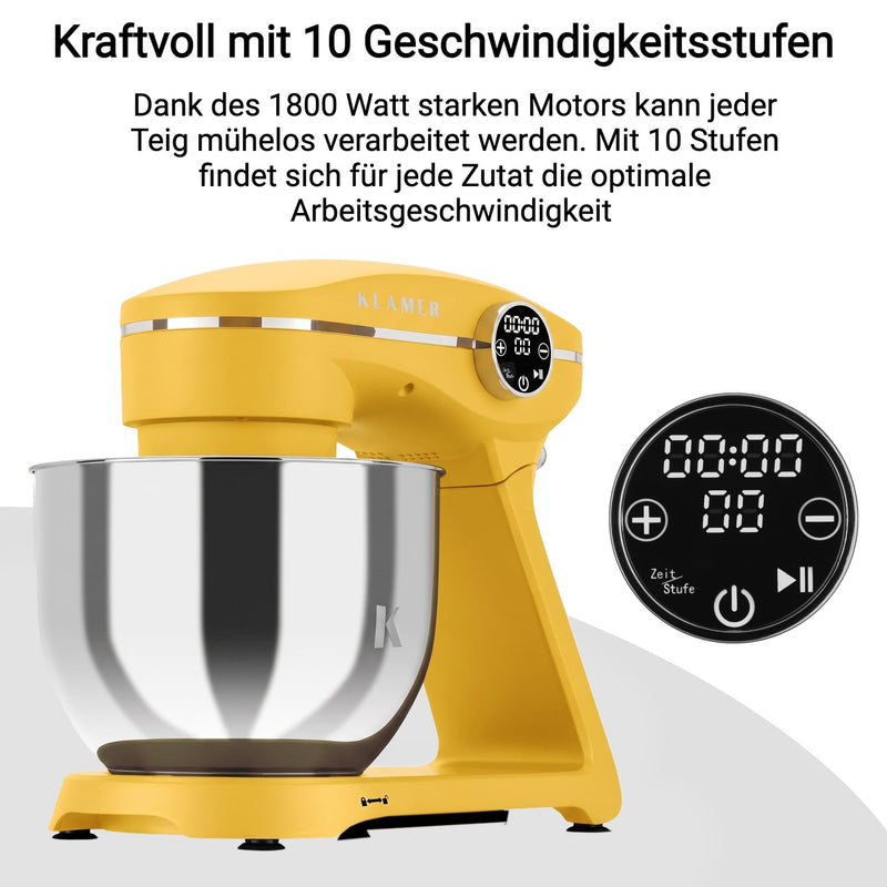 KLAMER KLAMER Küchenmaschine 1800W, Knetmaschine Brotteig mit Edelstahl-Rührschüssel 6 L, 10 Stufen mit Timer, Planetenrührwerk, Rührbesen, Knethaken, Schneebesen & Sichtdeckel (gelb) Gelb – Bild 6