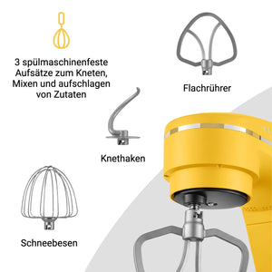 KLAMER KLAMER Küchenmaschine 1800W, Knetmaschine Brotteig mit Edelstahl-Rührschüssel 6 L, 10 Stufen mit Timer, Planetenrührwerk, Rührbesen, Knethaken, Schneebesen & Sichtdeckel (gelb) Gelb – Bild 5