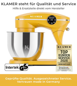 KLAMER KLAMER Küchenmaschine 1800W, Knetmaschine Brotteig mit Edelstahl-Rührschüssel 6 L, 10 Stufen mit Timer, Planetenrührwerk, Rührbesen, Knethaken, Schneebesen & Sichtdeckel (gelb) Gelb – Bild 2