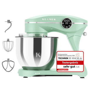 KLAMER KLAMER Küchenmaschine 1800W, Knetmaschine Brotteig mit Edelstahl-Rührschüssel 6 L, 10 Stufen mit Timer, Planetenrührwerk, Rührbesen, Knethaken, Schneebesen & Sichtdeckel (mint) Premium Mint – Bild 1