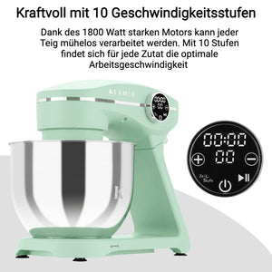 KLAMER KLAMER Küchenmaschine 1800W, Knetmaschine Brotteig mit Edelstahl-Rührschüssel 6 L, 10 Stufen mit Timer, Planetenrührwerk, Rührbesen, Knethaken, Schneebesen & Sichtdeckel (mint) Premium Mint – Bild 6
