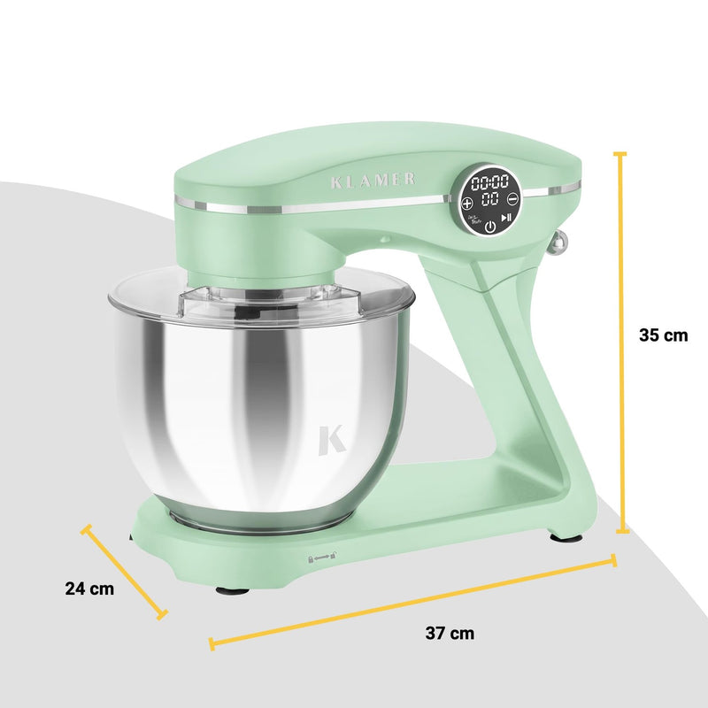 KLAMER KLAMER Küchenmaschine 1800W, Knetmaschine Brotteig mit Edelstahl-Rührschüssel 6 L, 10 Stufen mit Timer, Planetenrührwerk, Rührbesen, Knethaken, Schneebesen & Sichtdeckel (mint) Premium Mint – Bild 8