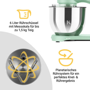 KLAMER KLAMER Küchenmaschine 1800W, Knetmaschine Brotteig mit Edelstahl-Rührschüssel 6 L, 10 Stufen mit Timer, Planetenrührwerk, Rührbesen, Knethaken, Schneebesen & Sichtdeckel (mint) Premium Mint – Bild 7