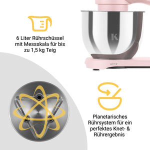 KLAMER KLAMER Küchenmaschine 1800W, Knetmaschine Brotteig mit Edelstahl-Rührschüssel 6 L, 10 Stufen mit Timer, Planetenrührwerk, Rührbesen, Knethaken, Schneebesen & Sichtdeckel (pink) Premium Pink – Bild 7