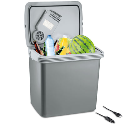 Kühl + Wärmebox 25L mit geöffnetem Deckel, gefüllt mit Getränken und Obst.