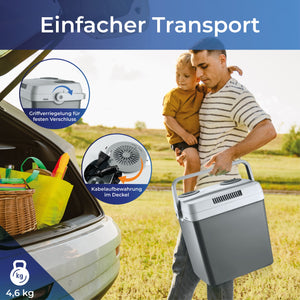 Mann transportiert Kühl + Wärmebox 25L mit Kind. Praktische Handhabung für mobil Kühl- und Wärmesystem.