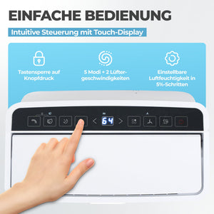 Luftentfeuchter 20/25L Wifi mit intuitivem Touch-Display zur einfachen Steuerung der Lufteinstellungen.