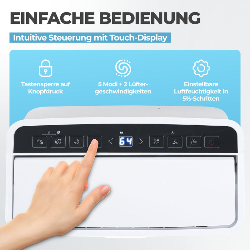 Luftentfeuchter 20/25L Wifi mit intuitivem Touch-Display zur einfachen Steuerung der Lufteinstellungen.