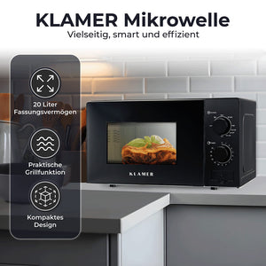 KLAMER Mikrowelle mit 20 Litern und Grillfunktion für vielseitige, schnelle und knusprige Gerichte.