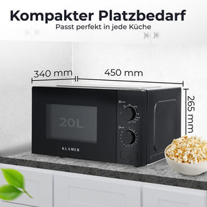 Mikrowelle mit 20 Liter Fassungsvermögen, kompakte Maße und ideal für jede Küche.