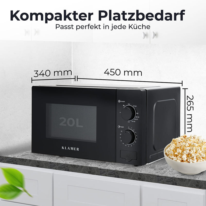 Mikrowelle mit 20 Liter Fassungsvermögen, kompakte Maße und ideal für jede Küche.