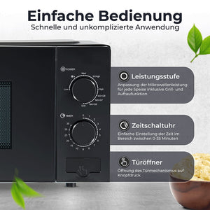 Mikrowelle mit einfacher Bedienung, Leistungsstufen, Zeitschaltuhr und Türöffner für unkomplizierte Nutzung.