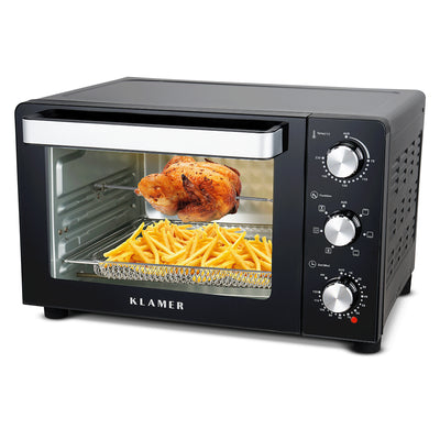 Mini-Backofen mit rotierenden Hähnchen und Pommes, platzsparend und vielseitig, 30 Liter Fassungsvermögen.