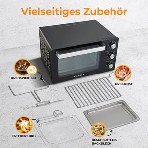 Mini-Backofen mit vielseitigem Zubehör wie Drehspieß-Set, Grillrost und Frittierkorb auf einem Tisch.