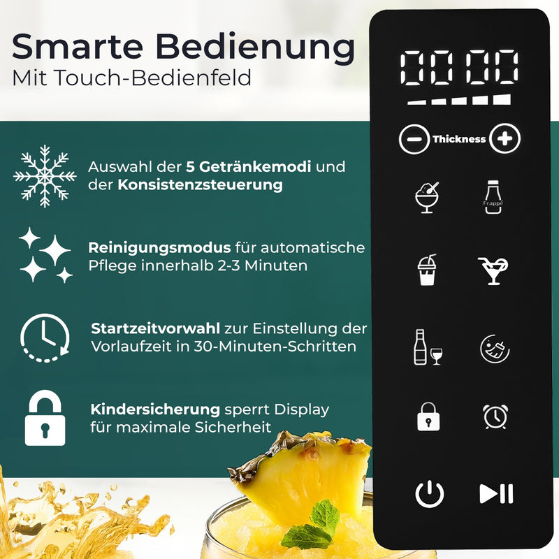 Slush Maschine mit Touch-Bedienfeld für einfache Steuerung, 5 Getränkemodi, Reinigungsmodus und Kindersicherung.