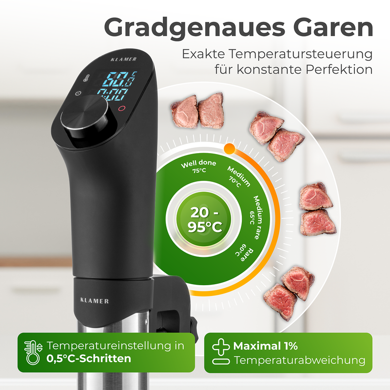 Sous Vide Stick mit digitaler Anzeige für präzise Temperaturkontrolle und konstante Gourmentechniken.