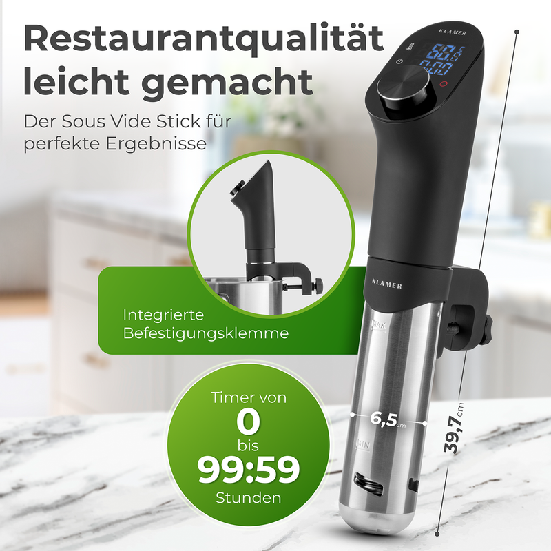 Sous Vide Stick für restaurantqualität Gerichte mit integrierter Befestigungsklemme und Timer.