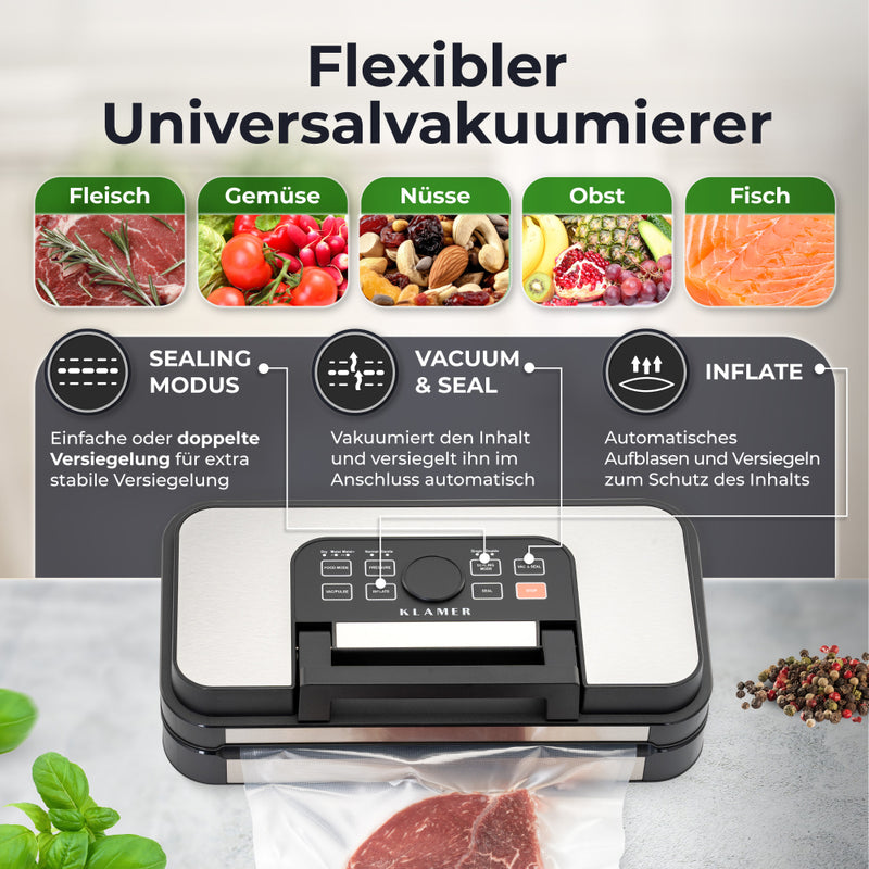 Vakuumierer Pro 80+ mit flexiblen Funktionen zum Vakuumieren von Fleisch, Gemüse, Obst und Fisch.