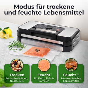 Vakuumierer Pro 80+ mit Modus für trockene und feuchte Lebensmittel, inklusive Fisch und Nüsse.