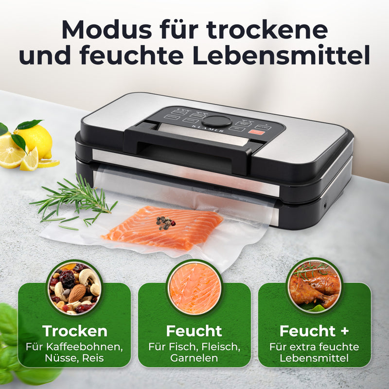 Vakuumierer Pro 80+ mit Modus für trockene und feuchte Lebensmittel, inklusive Fisch und Nüsse.