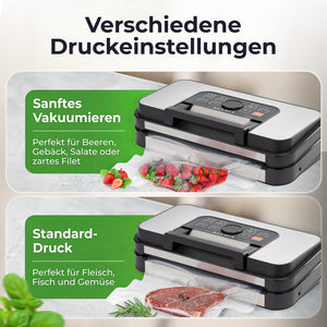 Vakuumierer Pro 80+ with different pressure settings for vacuuming fruits, vegetables, and meat.