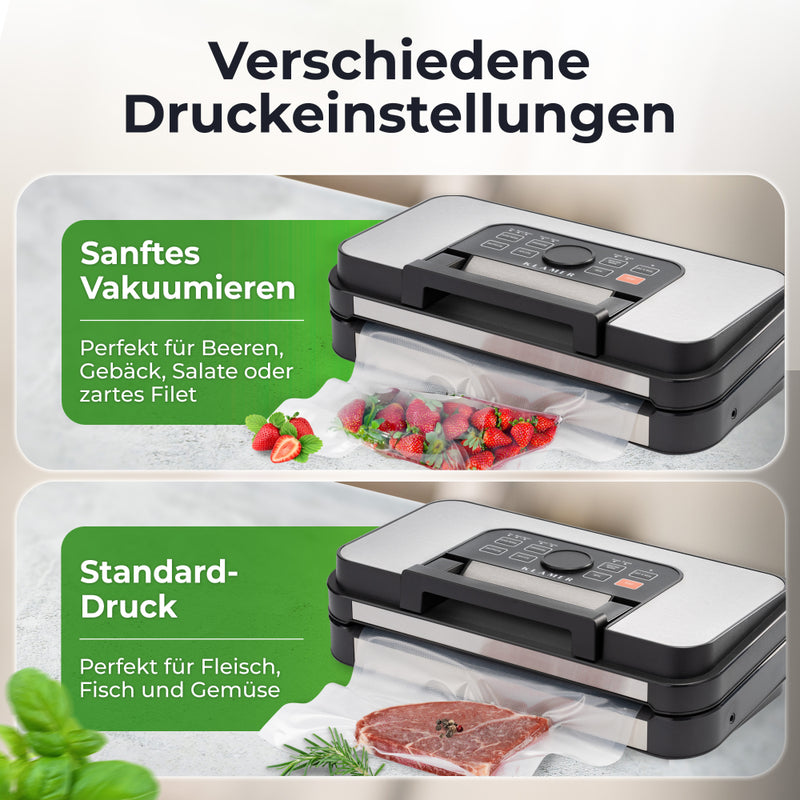 Vakuumierer Pro 80+ with different pressure settings for vacuuming fruits, vegetables, and meat.