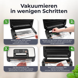 Vakuumierer Pro 80+ Anleitung in vier Schritten zum vakuumieren von Lebensmitteln.