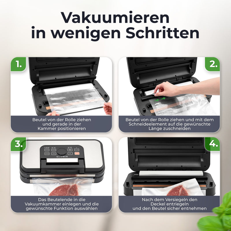 Vakuumierer Pro 80+ Anleitung in vier Schritten zum vakuumieren von Lebensmitteln.