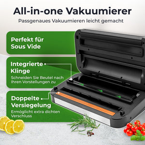 Vakuumierer Pro 80+ mit integrierter Klinge und doppelter Versiegelung für perfektes Sous Vide Kochen.