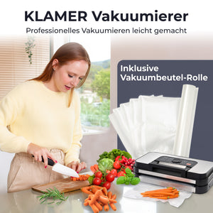 Vakuumierer Pro 80+ mit Vakuumbeutel-Rolle für professionelles Vakuumieren von Lebensmitteln.