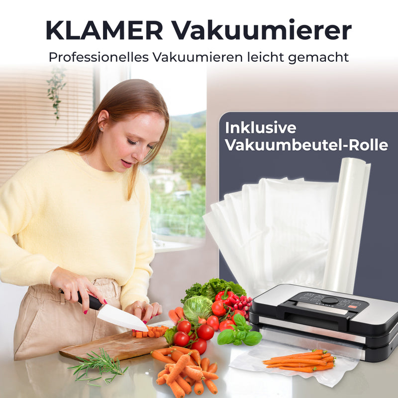 Vakuumierer Pro 80+ mit Vakuumbeutel-Rolle für professionelles Vakuumieren von Lebensmitteln.