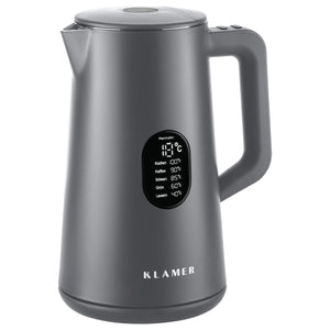 Wasserkocher 1.5 Liter in elegantem Grau mit Temperaturanzeige und Edelstahl-Innengehäuse
