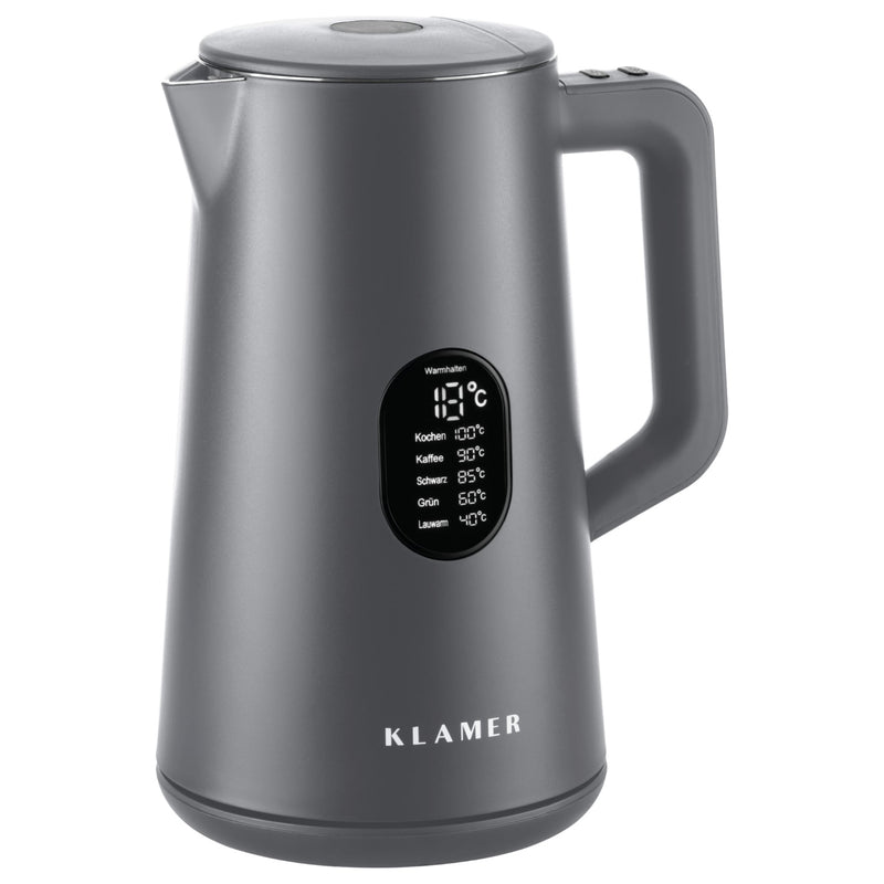 Wasserkocher 1.5 Liter in elegantem Grau mit Temperaturanzeige und Edelstahl-Innengehäuse