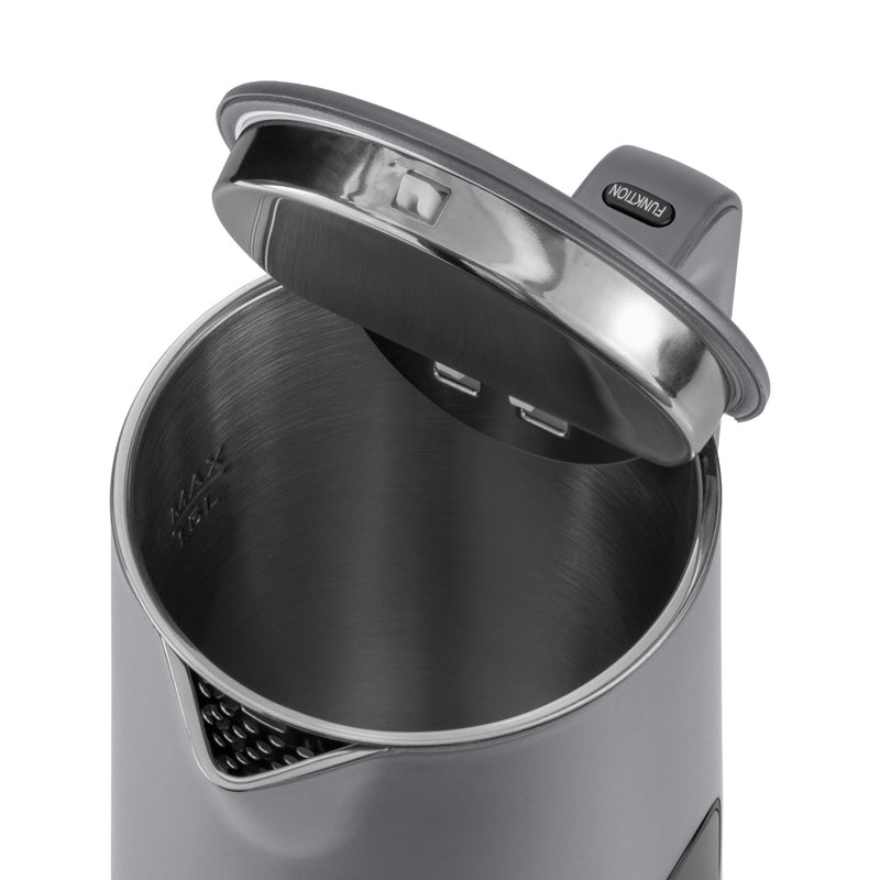Innenansicht eines Wasserkochers 1.5 Liter mit offenem Deckel und Edelstahloberfläche.