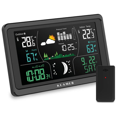 Wetterstation mit buntem Digital-Display zeigt präzise Wetterdaten wie Temperatur, Luftfeuchtigkeit und Druck.